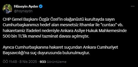 Cumhurbaşkanı Erdoğan'dan, Özgür Özel'e 500 bin TL'lik tazminat davası