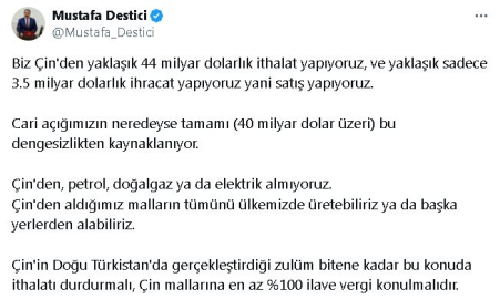 Destici: Çin mallarına en az yüzde 100 ilave vergi konulmalıdır