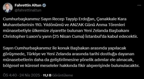 Cumhurbaşkanı Erdoğan, Yeni Zelanda Başbakanı Christopher Luxon’u kabul edecek