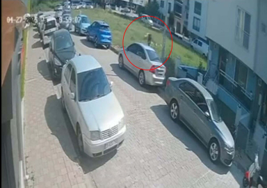 Sokak köpeklerinden kaçmak isterken başını park halindeki otomobile çarptı; o anlar kamerada