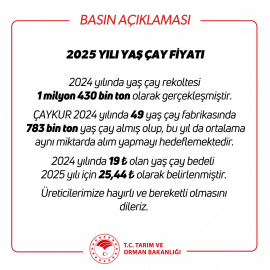 2025 yılı yaş çay alım fiyatı 25,44 lira olarak belirlendi