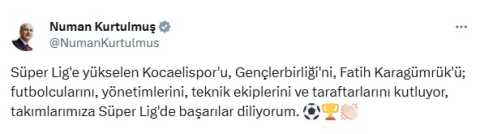 TBMM Başkanı Kurtulmuş, Süper Lig’e yükselen takımları kutladı