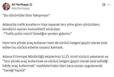 Ters yönde araç kullanan ve daha önce ehliyeti iptal edilen sürücüye idari para cezası