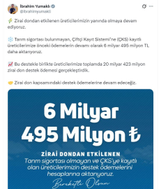 Bakanlıktan üreticilere 20 milyar 423 milyon lira zirai don desteği
