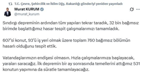 Bakan Kurum: Sındırgı'da 760 bağımsız bölümün hasarlı olduğunu tespit ettik