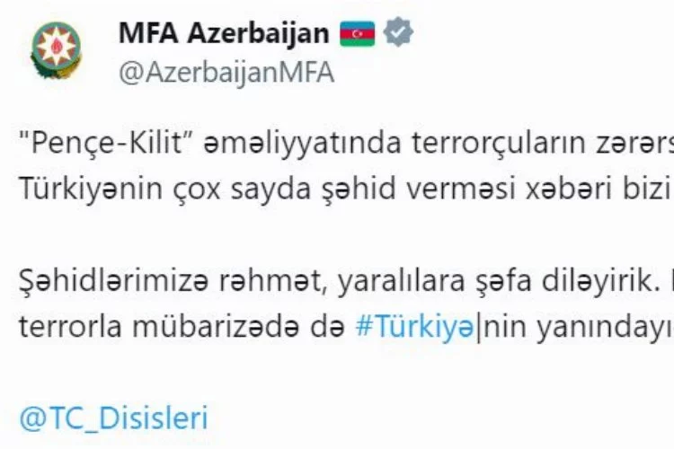 Azerbaycan Dışişleri Bakanlığı: Terörle mücadelede Türkiye’nin yanındayız 